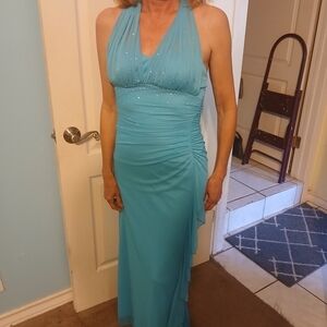 Blondie Nites Turquoise Halter Maxi Dress